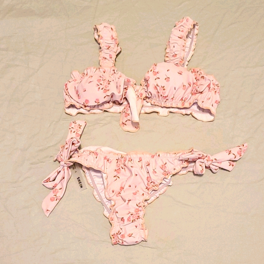 Shein Pink Floral Ruffle Bikini